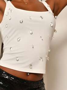 Mima John Women's Summer Island Holiday Italian Style Rhinestone Decor Square Neck Fitted Tank Top/Holiday White Tank Top - White - View 6