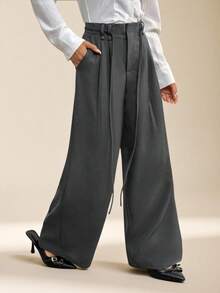 SHEIN PETITE Xuân Hè Nữ Lãng mạn/Dạ hội/Trang trọng/Sinh nhật/Thập niên 90/Phụ nữ công sở thường ngày/Thanh lịch/Trang phục phương Tây/Đi chơi/Thời trang/Thường ngày/Y2k/Câu lạc bộ/Văn phòng/Cocktail/Cổ điển/Bodycon/Lễ hội Rave/Vui nhộn/Sang trọng/Quý tộc/Thời trang đường phố/Kỳ nghỉ/Buổi hòa nhạc đồng quê/Công sở/Khiêm tốn/Nghỉ xuân/Độc thân/Buổi hòa nhạc/Baddie/Cơ bản/Tốt nghiệp/Cạp trễ/Quần ống rộng Thích hợp cho mùa thu đông - Xám - Xem 3