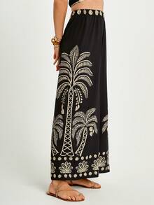 CAJUNI x Carol Peixinho Sommerliche Boho-Hose für Damen: Stilvolle, weite Hose mit handgefertigtem Palmenmuster, lange Strandhose, Boho-Hose - Schwarz - Übersicht 7