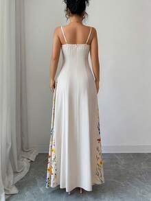 SHEIN Elenzya Spring/Summer New Elegant Women's Apricot Long Floral Print Spaghetti Strap Maxi Dress, Casual Vacation Beach Swing Dress, Solid Color Floral Patchwork, Suitable For Valentine's Day, Dates, Gatherings, Parties