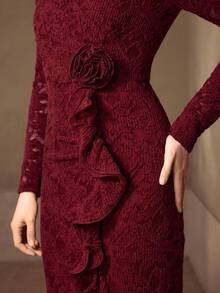 MOTF PREMIUM WOMEN'S LACE FITTED WAIST MERMAID HEM MIDI DRESS, AUTUMN/WINTER - Burgundy - View 1