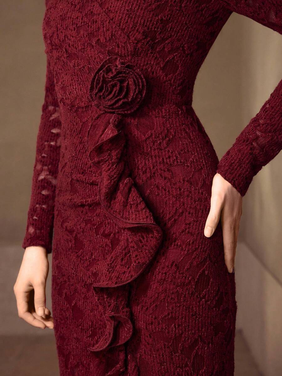 MOTF PREMIUM WOMEN'S LACE FITTED WAIST MERMAID HEM MIDI DRESS, AUTUMN/WINTER - Burgundy - View 1