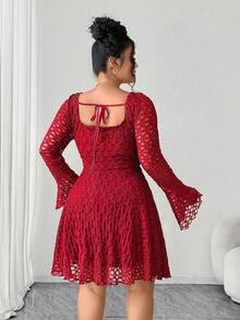 Elenzga Rochie de seară elegantă și elegantă pentru femei, de mărime mare, cu imprimeu tricotat, din dantelă, cu guler pătrat, cu mâneci evazate, tip A-line, cu cravată și fundă, pentru slăbire, la modă, elegantă, grațioasă, pentru întâlniri, nuntă, petrecere, cocktail, afaceri, formală, de Crăciun, toamnă/iarnă - roșu - Vizualizare 2