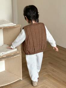 Genkimix Kids 3pcs/Set Toddler Boys Winter Casual Outfits Including Quilting Vest + Letter Embroidered Crew Neck Fleece Sweatshirt + Jogger - Brown - View 2