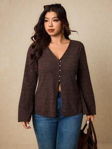 Elaquor Áo thun tay chuông trơn màu cỡ lớn, thường ngày/làm việc, mùa thu - Cà phê nâu - Xem 6