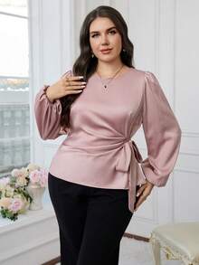 Modelyn Plus Size Elegant Commuter Solid Color Tie Waist Shirt - Pink - View 4