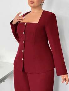 Truni Plus Size Women's Square Neck Long Sleeve Blazer Jacket, Cinched Waist Metal Button Detail Blazer In Fall/Winter, For Pear Triangle Body Shape - Burgundy - View 3