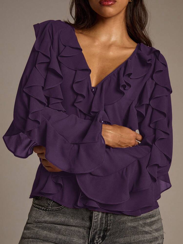 Aloruh 女士薄纱荷叶边深V领长袖衬衫，紫色，秋冬新品，优雅波西米亚风 - 紫色 - 查看 7