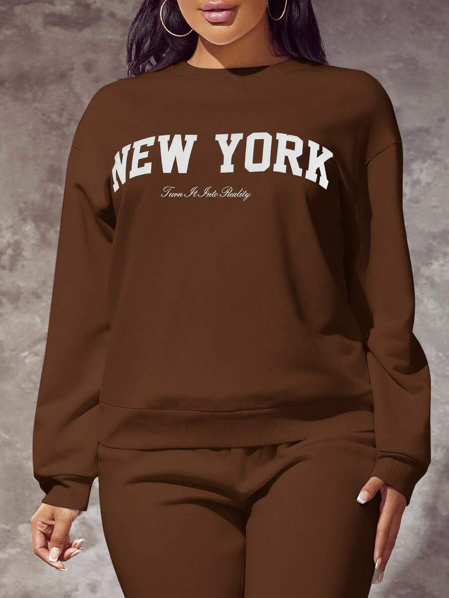 SHEIN SXY Plus Size Casual Minimalist Printed Pattern Loose Fit Thick Crew Neck Long Sleeve Sweatshirt, Autumn/Winter Graphic - Brown - View 1