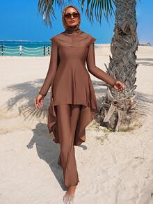 Swim Mulvari 4pcs Elegant Modest Muslim Style Women Swimsuit Set, Brown Round Neck Long Sleeve Crop Top With Ruffle Hem, Soft Cup, Detachable, And Long Pants, Spring/Summer