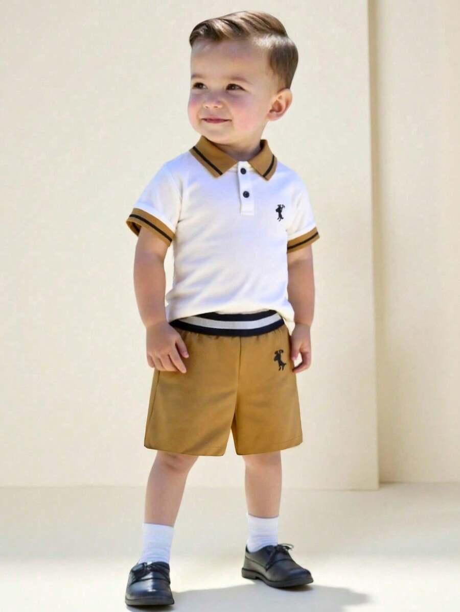 Souflis Souflis 2 Peças Conjunto de Moda Casual de Verão para Menino, Camisa Polo com Bordado de Cavalo em Bege, Shorts Cáqui com Cinto, Adequado para Uso Diário e Passeios, Camisa Polo e Shorts para Menino, Conjunto de Verão para Menino, Conjunto de Camisa e Shorts para Menino - Multicolorido - Visão 1