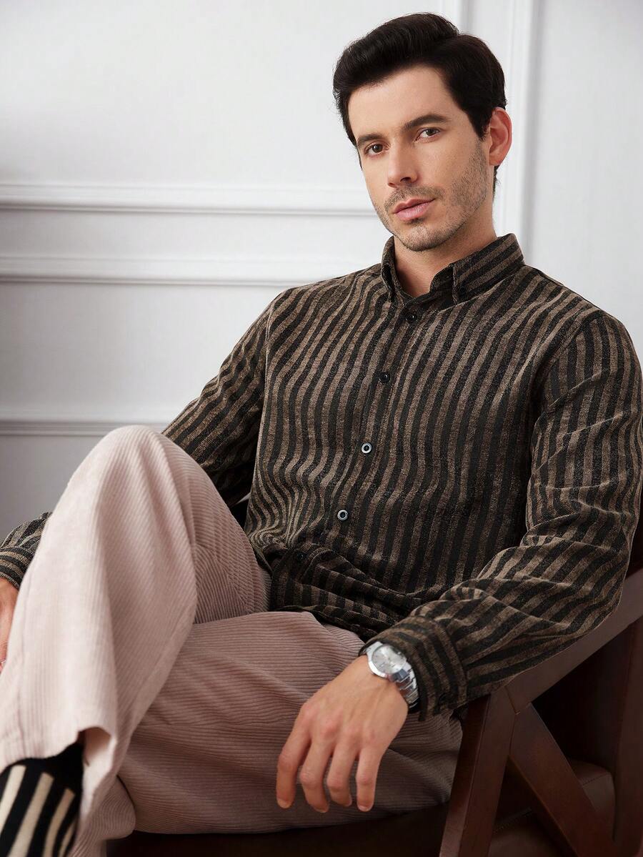 Core Aspect 男士条纹复古休闲长袖衬衫 - 棕色 - 查看 1