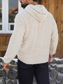 Manfinity CasualCool 男士图案连帽羊羔绒卫衣，适合秋冬季节，蓬松柔软，奶油色毛绒连帽衫，冬季针织衫，奶油色连帽衫，保暖内衬 - 杏色 - 查看 2