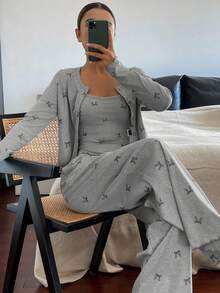 DAZY 3pcs Bow Print Allover Print Camisole Top & Pants & Button Placket Top Women Pajama Set, Fall & Winter Clothes