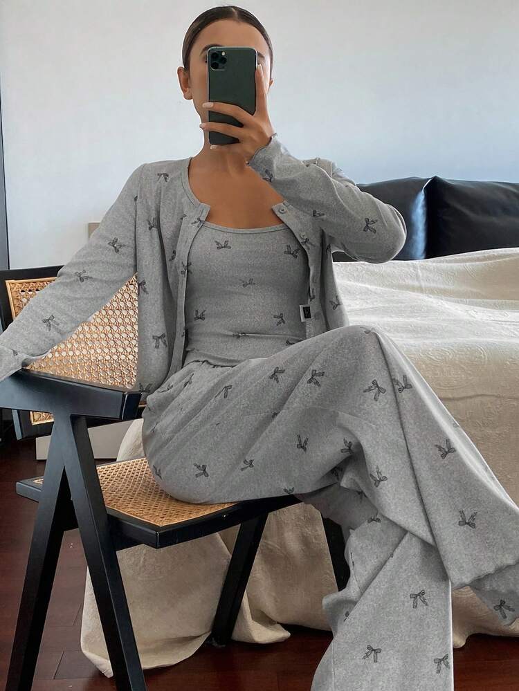3pcs Bow Print Allover Print Camisole Top & Pants & Button Placket Top Women Pajama Set, Fall & Winter Clothes