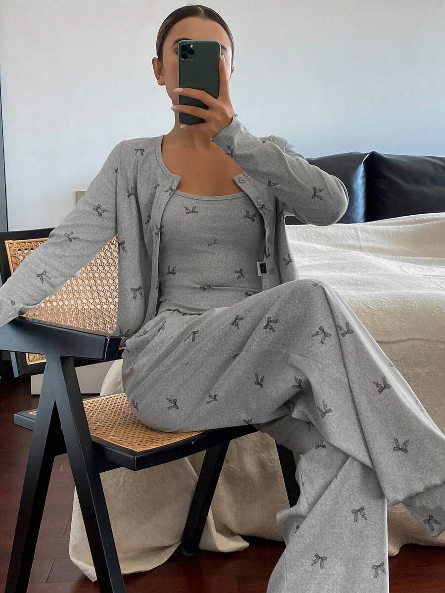 DAZY 3pcs Bow Print Allover Print Camisole Top & Pants & Button Placket Top Women Pajama Set, Fall & Winter Clothes
