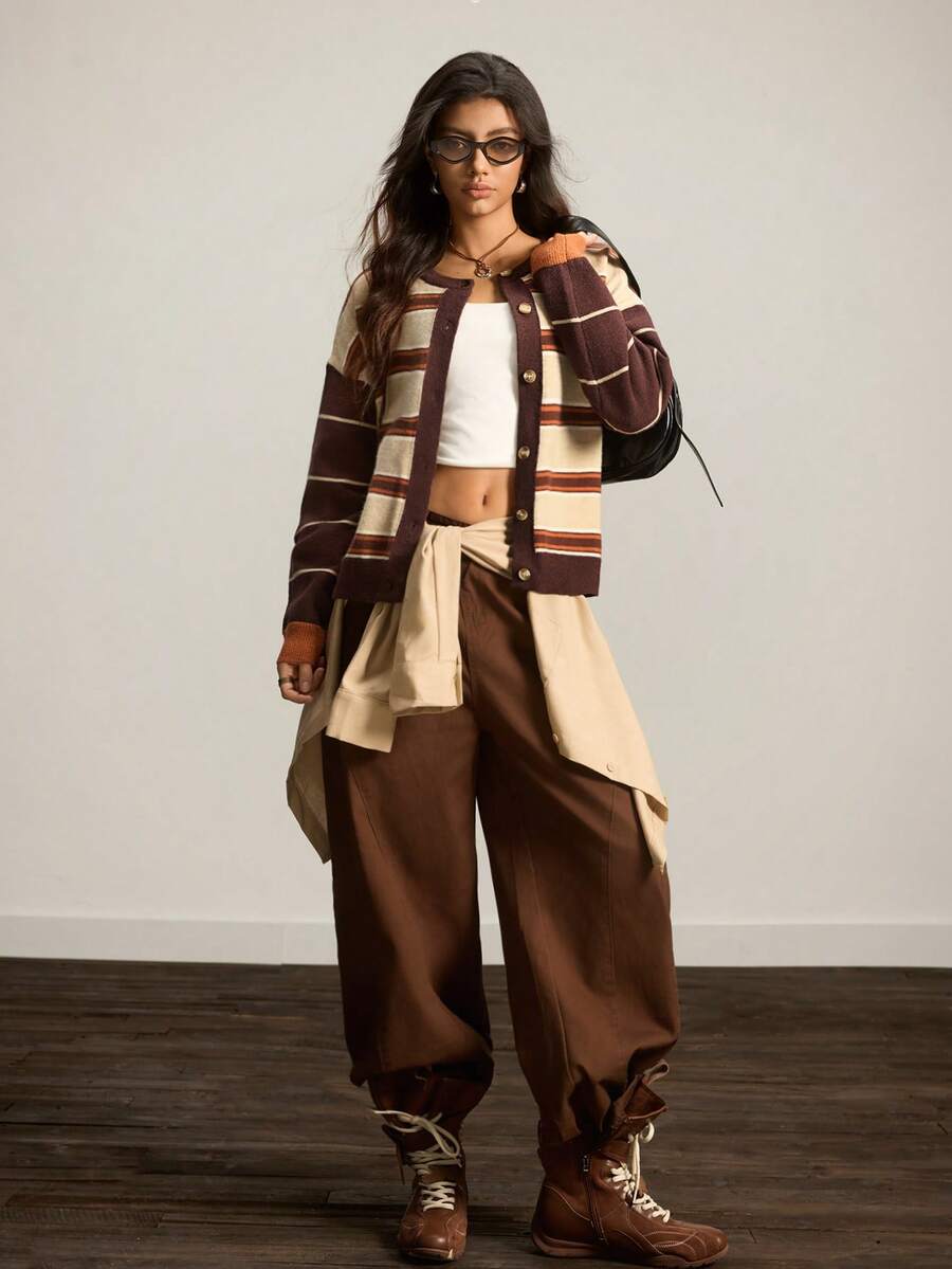 Easelle Áo khoác cardigan sọc nhiều màu phong cách tối giản cổ điển - Nhiều màu - Xem 1