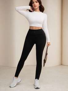 Modelyn Quần legging cạp cao màu trơn thoải mái thường ngày dành cho nữ - màu đen - Xem 7