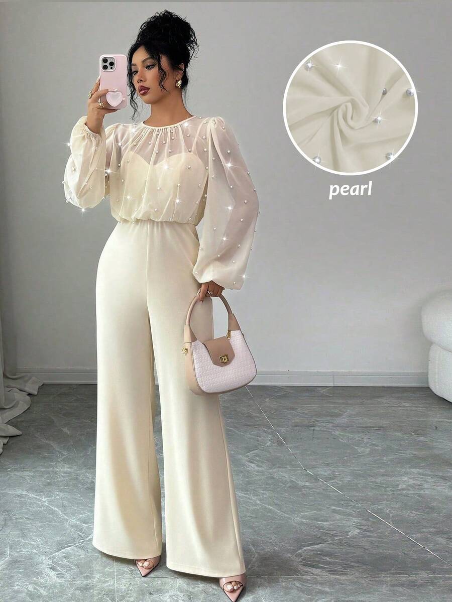 SHEIN Elenzya 优雅浪漫珍珠装饰腰部收紧面料拼接长袖圆领女式连体裤 - 杏色 - 查看 1