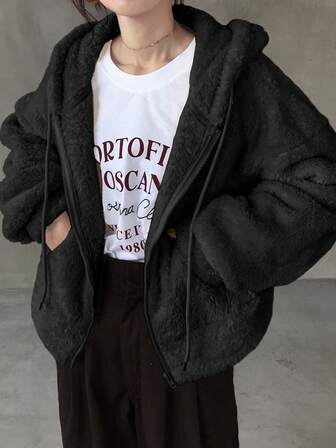 FRIFUL Moletom feminino bege liso com capuz, cordão, ombros caídos, mangas compridas, tecido sherpa, modelagem solta, casual e versátil, ideal para o outono.