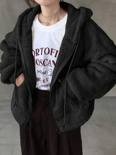 FRIFUL 女士米色纯色连帽抽绳落肩长袖羊羔绒宽松休闲百搭抓绒卫衣，秋季款