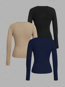 SHEIN EZwear 3 件套女士深 V 领修身休闲长袖 T 恤套装，秋冬 - 彩色 - 查看 2