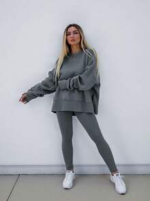 INAWLY Plus Size Women Solid Color Round Neck Drop Shoulder Long Sleeve Sweatshirt And Leggings Casual 2 Piece Set - Grey - View 4