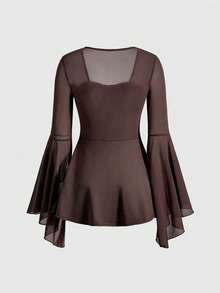 ROMWE Hippie 复古嬉皮极简性感网纱拼接修身女式上衣 - 棕色 - 查看 2