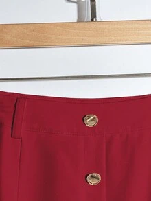 SHEIN LUNE Elegant Solid Color Button Pleated Skirt, Spring/Summer - Red - View 4