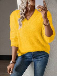 SHEIN LUNE Sweater Rajut Wanita Warna Kuning dengan Kerah V dan Bulu Cerpelai, Minimalis dan Serbaguna - Kuning - View 6