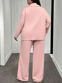 Slaydiva Novos Lançamentos de Outono e Inverno 2025, Roupas Femininas de Outono/Inverno - Conjunto de Camiseta Solta com Zíper na Frente de Manga Longa Rosa e Calça Pantalona com Bolso, Conjunto de Roupas Plus Size Feminino, Tecido Macio