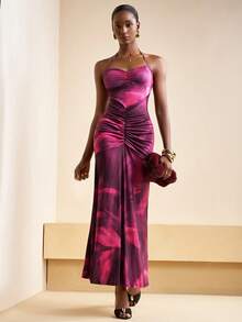 Zivah Women's Dark Purple Summer Seductive Dinner Date Halter Neck Tie-Up Backless Gathered Mermaid Gradient Print Slim Fit Long Burgundy Party Dress - Multicolor - View 2