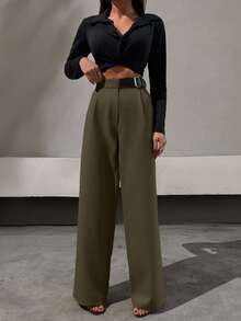 SHEIN Tall Elegant Style, Half Faux Leather Belt Detailed Straight Fit Pant - Army Green - View 3