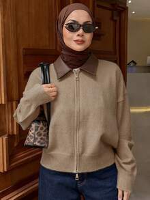 DAZY 女士休闲PU皮革拼接拉链开衫毛衣，秋季简约时尚 - 駝色 - 查看 3