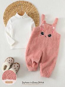 Cozy Pixies 2 Stücke Baby-Mädchen-Set mit Cartoon-Tiermuster: Weiches Strick Top mit Rundhalsausschnitt und langen Ärmeln, passendes Langarm-Pullover-Top und Latzhose. Herbst-/Winter-Set für Babys: Niedliches Katzen-Outfit für Kleinkinder, warme Babykleidung für Mädchen, lässiges Baby-Set. - Pink - Übersicht 1