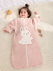 Cozy Pixies 一件式保暖抓绒刺绣大兔子长袖睡袋，适合婴幼儿，秋冬春夏四季穿着 - 暗粉 - 查看 2