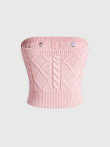 ROMWE Kawaii 2pcs/Set Sweet Pink Embroidered Tie-Up Decor Soft Knit Sweater Set - Tube Top + Short Cardigan, Christmas & New Year - Pink - View 5