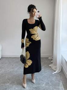 Selianne 方领提花针织紧身腰毛衣连衣裙 - 黃色 - 查看 5