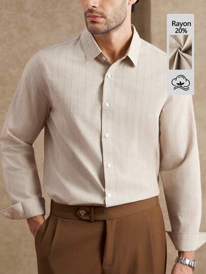 Core Aspect Men's Striped Print Button-Front Casual Long Sleeve Shirt Beige Shirt For Men Mens Textured Shirt Light Brown Shirt Men