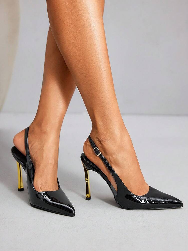 CUCCOO SZL Women's Pointed Toe Stiletto High Heel Metal Heel Black Backstrap Elegant Fashion Sexy Ladies High Heel Mule Shoes, Suitable For Party, Gathering, Banquet And Other Occasions For Christmas Spring Shoes