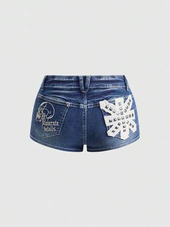 Grunge Punk Short en jean ultra taille basse pour femmes avec broderie de crâne et décorations de rivets, style Y2K Baddie