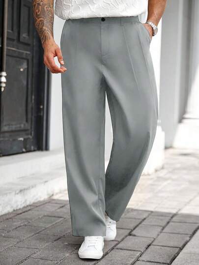 Manfinity CasualCool 大码纯色褶裥腰带环休闲宽松直筒裤