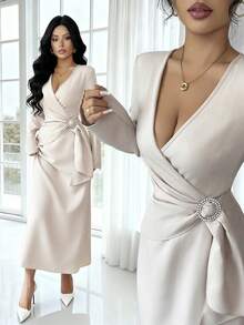 Rafferiza White Autumn Elegant V-Neck Long-Sleeved Dress,Fitted Waist With Circular Accessories,Chic Thanksgiving,New Year's Wear & Dining Party Stylish Dress - Apricot - View 1