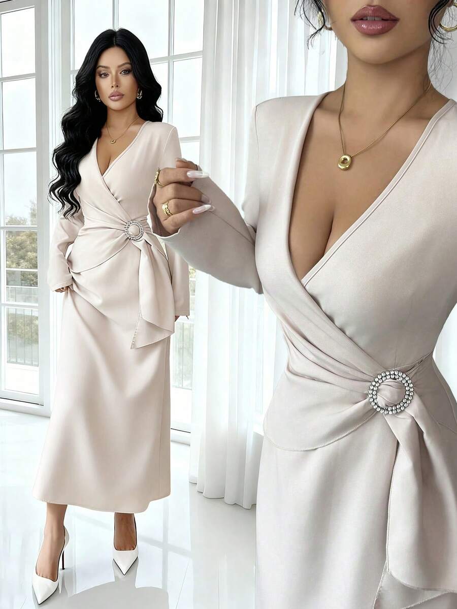 Rafferiza White Autumn Elegant V-Neck Long-Sleeved Dress,Fitted Waist With Circular Accessories,Chic Thanksgiving,New Year's Wear & Dining Party Stylish Dress - Apricot - View 1