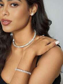 CUCCOO SZL 經典水鑽珠寶套裝：水鑽項圈項鍊、手鍊、耳環和頸鍊項鍊 3入組套