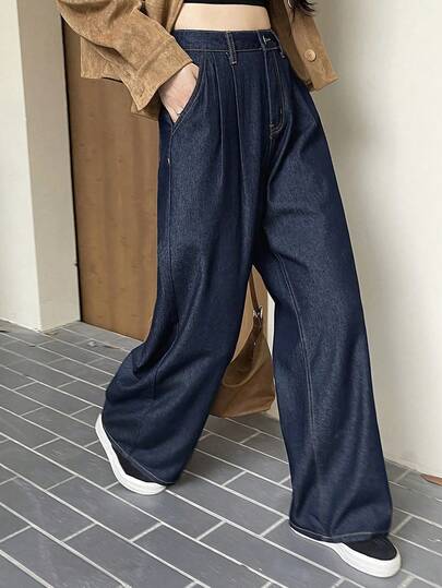 DAZY Women's Pocketed Pleated Wide Leg Loose Casual Versatile Jeans