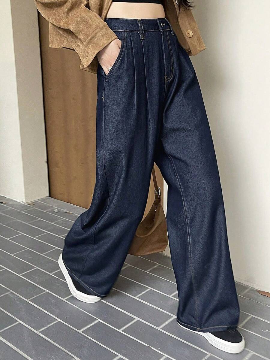 DAZY Women's Pocketed Pleated Wide Leg Loose Casual Versatile Jeans