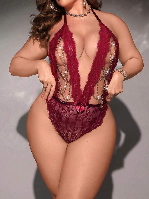 SpicyHot 1 pièce Body sexy sans fil en dentelle et mesh contrastés, grande taille
