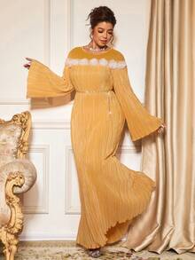 Cravure Plus Size Women Luxurious Knitted Long Sleeve Pleated Patchwork Mesh White 3D Floral Decor Dress - Gold - View 1