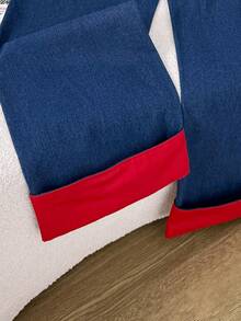 Comfortcana 女士直筒阔腿牛仔裤，复古撞色设计，新品上市，四季皆宜 - 深色水洗藍 - 查看 4